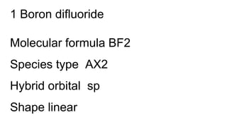 1 Boron difluoride
Molecular formula BF2
Species type AX2
Hybrid orbital sp
Shape linear
 