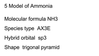 5 Model of Ammonia
Molecular formula NH3
Species type AX3E
Hybrid orbital sp3
Shape trigonal pyramid
 