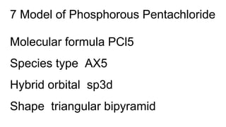 7 Model of Phosphorous Pentachloride
Molecular formula PCl5
Species type AX5
Hybrid orbital sp3d
Shape triangular bipyramid
 