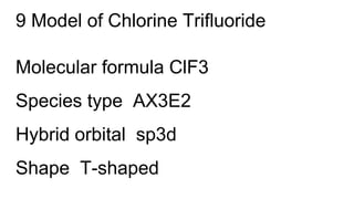 9 Model of Chlorine Trifluoride
Molecular formula ClF3
Species type AX3E2
Hybrid orbital sp3d
Shape T-shaped
 