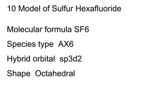 10 Model of Sulfur Hexafluoride
Molecular formula SF6
Species type AX6
Hybrid orbital sp3d2
Shape Octahedral
 