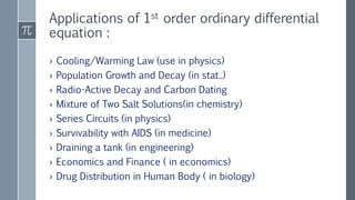 Applications of 1st order ordinary differential
equation :
› Cooling/Warming Law (use in physics)
› Population Growth and Decay (in stat..)
› Radio-Active Decay and Carbon Dating
› Mixture of Two Salt Solutions(in chemistry)
› Series Circuits (in physics)
› Survivability with AIDS (in medicine)
› Draining a tank (in engineering)
› Economics and Finance ( in economics)
› Drug Distribution in Human Body ( in biology)
 
