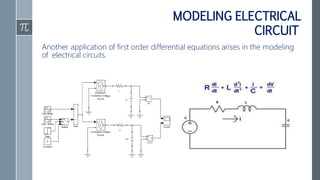 MODELING ELECTRICAL
CIRCUIT
Another application of first order differential equations arises in the modeling
of electrical circuits.
 