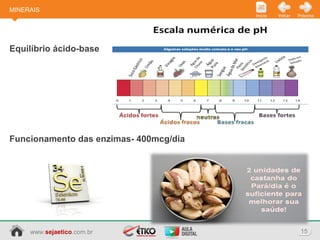 www.sejaetico.com.br 15
PróximoVoltarInício
Equilíbrio ácido-base
Funcionamento das enzimas- 400mcg/dia
MINERAIS
 