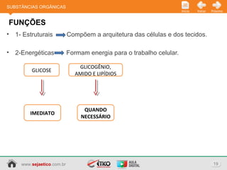 www.sejaetico.com.br 19
PróximoVoltarInício
• 1- Estruturais Compõem a arquitetura das células e dos tecidos.
• 2-Energéticas Formam energia para o trabalho celular.
FUNÇÕES
SUBSTÂNCIAS ORGÂNICAS
GLICOSE
GLICOGÊNIO,
AMIDO E LIPÍDIOS
IMEDIATO
QUANDO
NECESSÁRIO
 