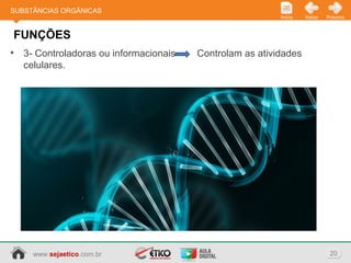 www.sejaetico.com.br 20
PróximoVoltarInício
• 3- Controladoras ou informacionais Controlam as atividades
celulares.
FUNÇÕES
SUBSTÂNCIAS ORGÂNICAS
 