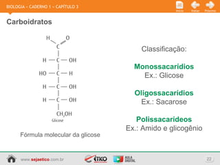 www.sejaetico.com.br 22
PróximoVoltarInício
BIOLOGIA » CADERNO 1 » CAPÍTULO 3
Carboidratos
Classificação:
Monossacarídios
Ex.: Glicose
Oligossacarídios
Ex.: Sacarose
Polissacarídeos
Ex.: Amido e glicogênio
Fórmula molecular da glicose
 
