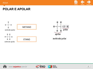 www.sejaetico.com.br 8
PróximoVoltarInício
POLAR E APOLAR
ÁGUA
METANO
ETANO
 
