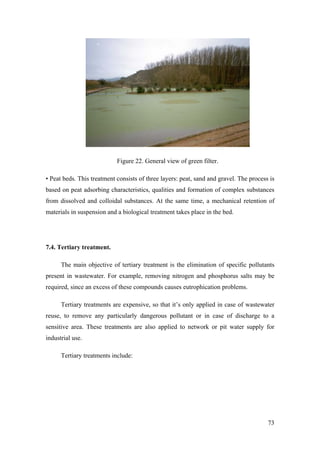 Figure 22. General view of green filter.

• Peat beds. This treatment consists of three layers: peat, sand and gravel. The process is
based on peat adsorbing characteristics, qualities and formation of complex substances
from dissolved and colloidal substances. At the same time, a mechanical retention of
materials in suspension and a biological treatment takes place in the bed.




7.4. Tertiary treatment.

      The main objective of tertiary treatment is the elimination of specific pollutants
present in wastewater. For example, removing nitrogen and phosphorus salts may be
required, since an excess of these compounds causes eutrophication problems.

      Tertiary treatments are expensive, so that it’s only applied in case of wastewater
reuse, to remove any particularly dangerous pollutant or in case of discharge to a
sensitive area. These treatments are also applied to network or pit water supply for
industrial use.

      Tertiary treatments include:




                                                                                        73
 