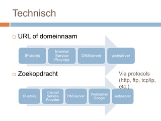 Technisch
 URL of domeinnaam
 Zoekopdracht
IP-adres
Internet
Service
Provider
DNSserver webserver
IP-adres
Internet
Service
Provider
DNSserver
Webserver
Google
webserver
Via protocols
(http, ftp, tcp/ip,
etc.)
 