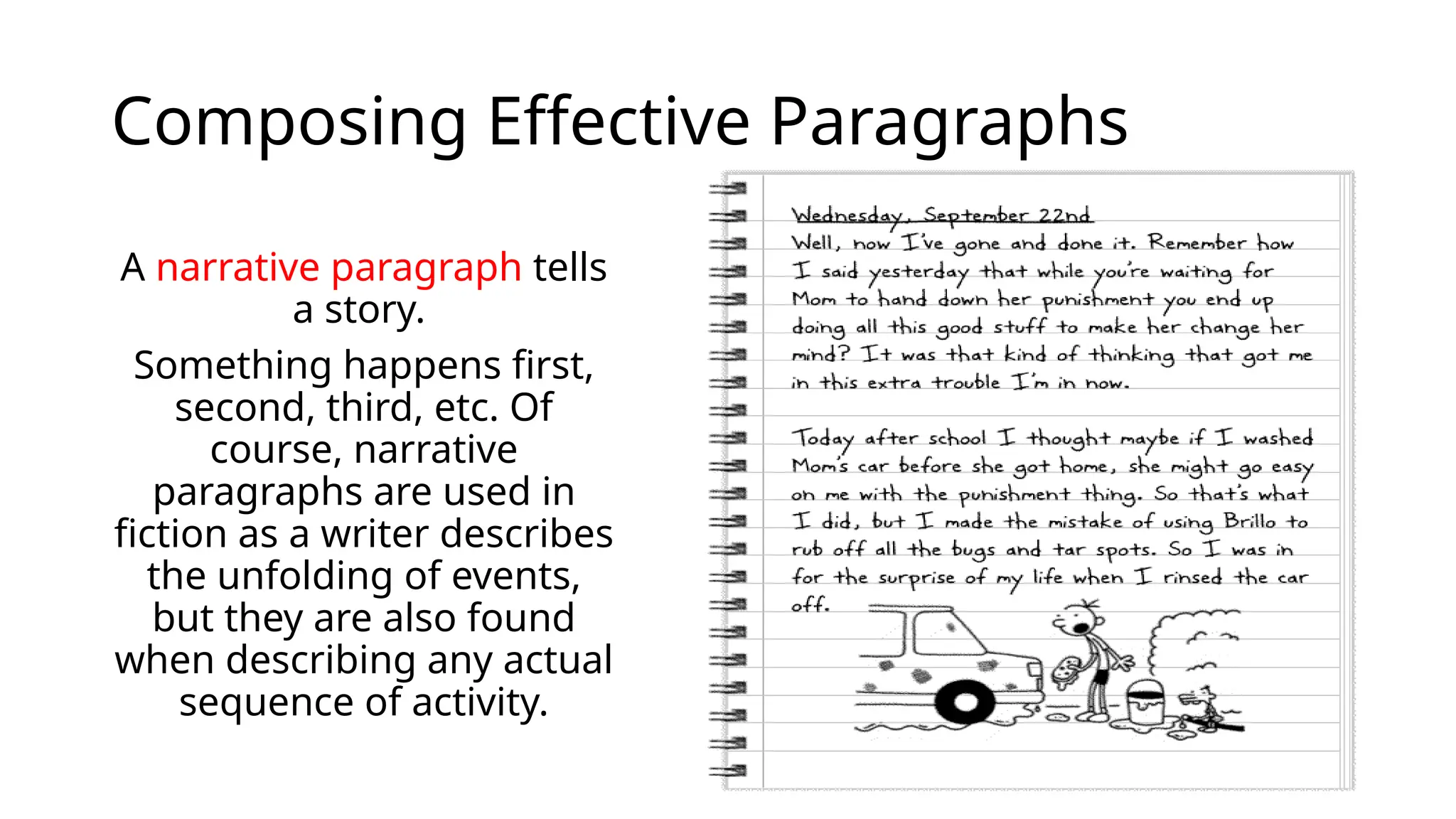Composing Effective Paragraphs
A narrative paragraph tells
a story.
Something happens first,
second, third, etc. Of
course, narrative
paragraphs are used in
fiction as a writer describes
the unfolding of events,
but they are also found
when describing any actual
sequence of activity.
 