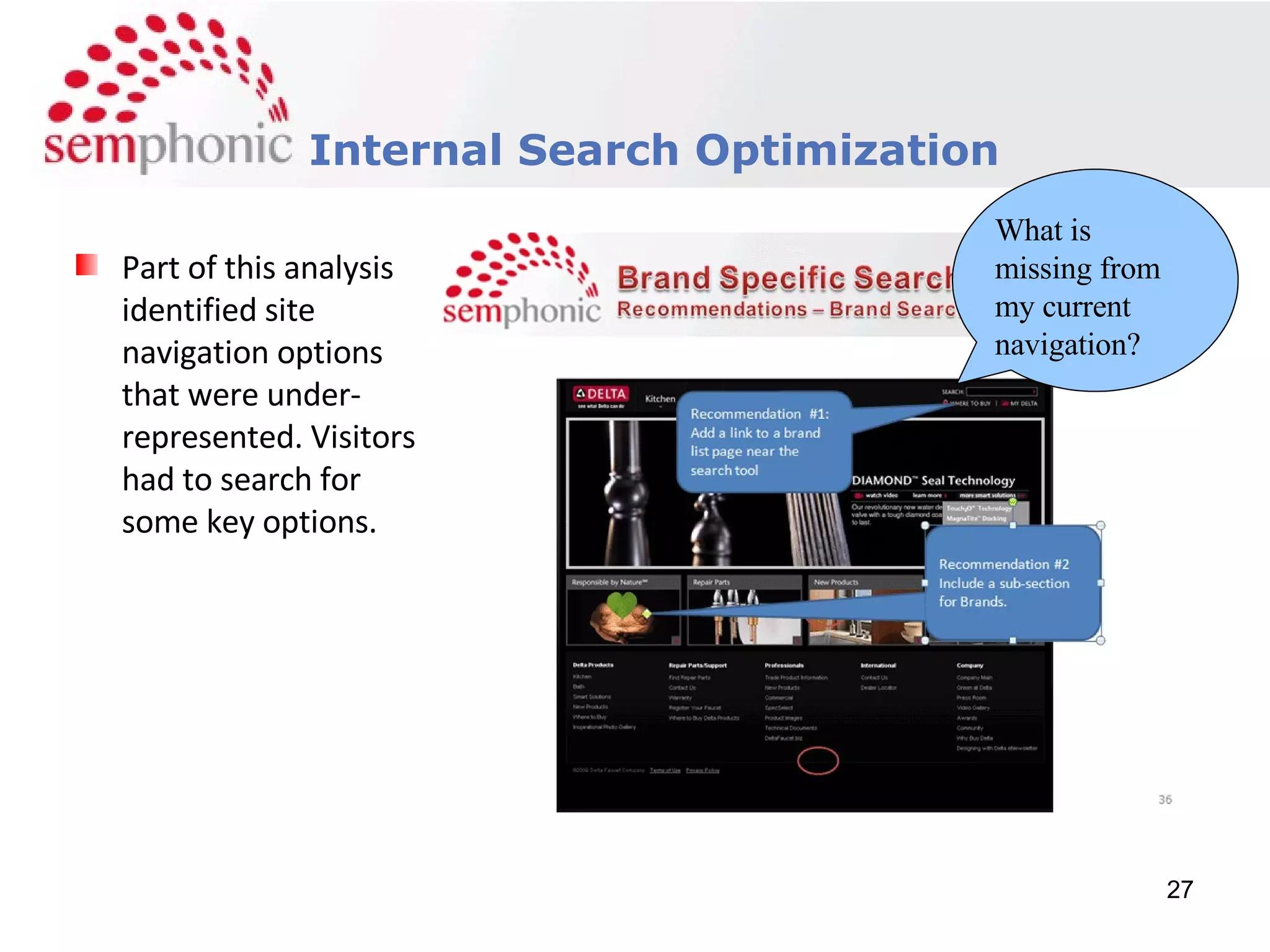Course Description Internal Search Optimization Part of this analysis identified site navigation options that were under-represented. Visitors had to search for some key options. What is missing from my current navigation? 