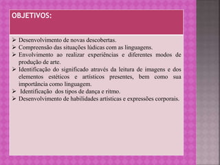 OBJETIVOS:
 Desenvolvimento de novas descobertas.
 Compreensão das situações lúdicas com as linguagens.
 Envolvimento ao realizar experiências e diferentes modos de
produção de arte.
 Identificação do significado através da leitura de imagens e dos
elementos estéticos e artísticos presentes, bem como sua
importância como linguagem.
 Identificação dos tipos de dança e ritmo.
 Desenvolvimento de habilidades artísticas e expressões corporais.
 