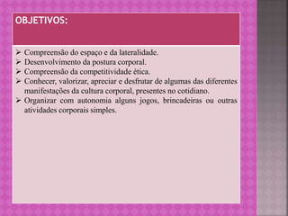 OBJETIVOS:
 Compreensão do espaço e da lateralidade.
 Desenvolvimento da postura corporal.
 Compreensão da competitividade ética.
 Conhecer, valorizar, apreciar e desfrutar de algumas das diferentes
manifestações da cultura corporal, presentes no cotidiano.
 Organizar com autonomia alguns jogos, brincadeiras ou outras
atividades corporais simples.
 