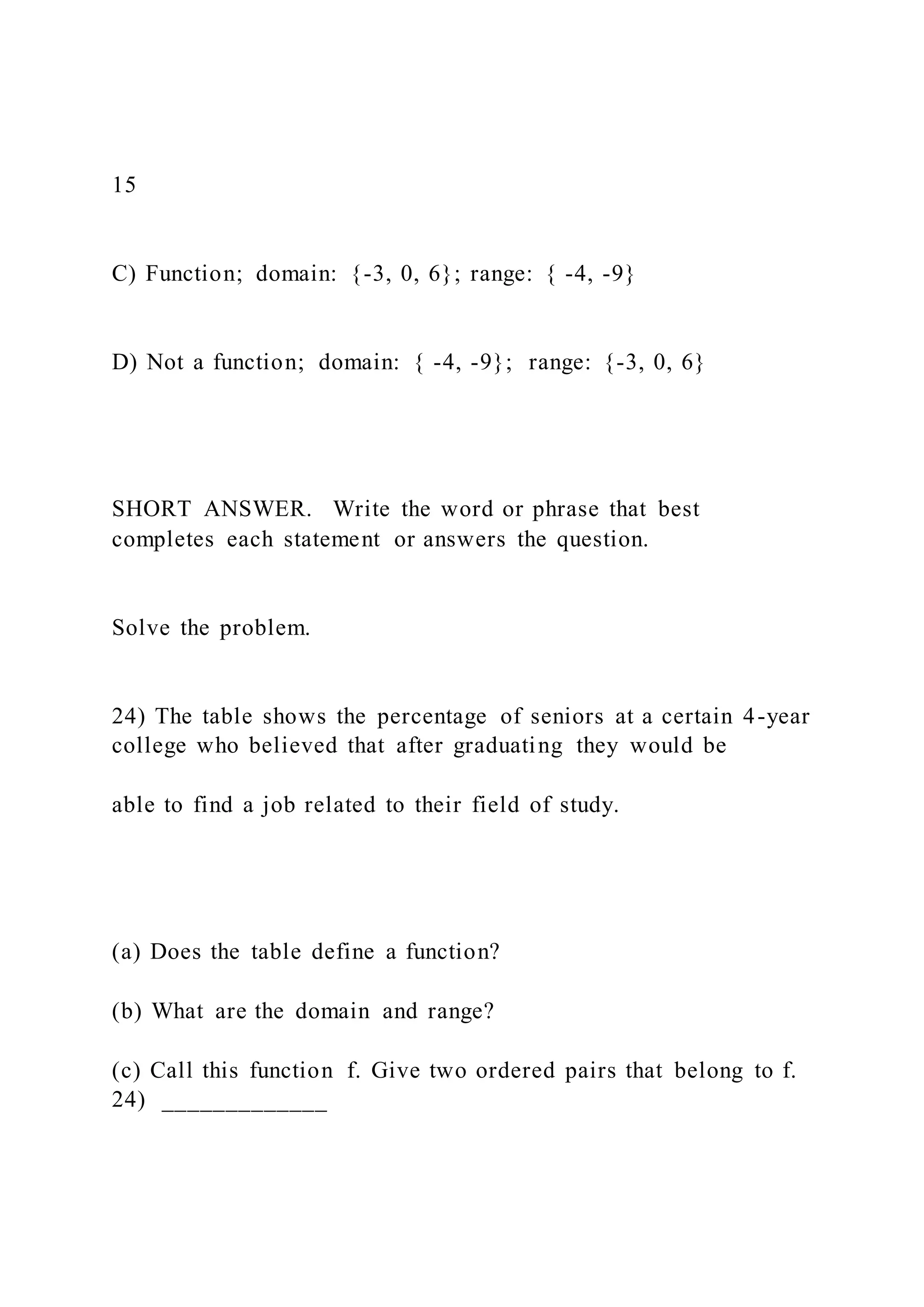 15
C) Function; domain: {-3, 0, 6}; range: { -4, -9}
D) Not a function; domain: { -4, -9}; range: {-3, 0, 6}
SHORT ANSWER. Write the word or phrase that best
completes each statement or answers the question.
Solve the problem.
24) The table shows the percentage of seniors at a certain 4-year
college who believed that after graduating they would be
able to find a job related to their field of study.
(a) Does the table define a function?
(b) What are the domain and range?
(c) Call this function f. Give two ordered pairs that belong to f.
24) _____________
 