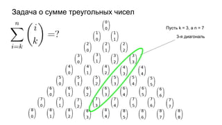 Задача о сумме треугольных чисел
Пусть k = 3, а n = 7
3-я диагональ
 