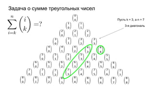 Задача о сумме треугольных чисел
Пусть k = 3, а n = 7
3-я диагональ
 