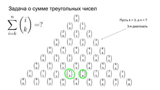 Задача о сумме треугольных чисел
Пусть k = 3, а n = 7
3-я диагональ
 