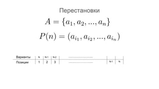Перестановки
…………………...
…………………...1 2 3 N-1 N
Варианты
Позиции
N N-1 N-2
 