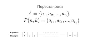 Перестановки
…………………...
…………………...1 2 3 K-1 K
Варианты
Позиции
N
 