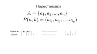 Перестановки
…………………...
…………………...1 2 3 K-1 K
Варианты
Позиции
N N-1
 