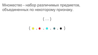 Множество - набор различимых предметов,
объединенных по некоторому признаку.
{ … }
{ … , … , … , … , … }
 