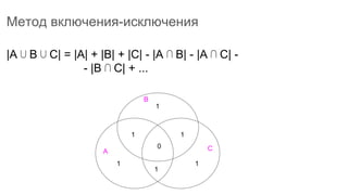 Метод включения-исключения
|A ⋃ B ⋃ C| = |A| + |B| + |C| - |A ⋂ B| - |A ⋂ C| -
- |B ⋂ C| + ...
1
1 1
11
1
0
A
B
C
 
