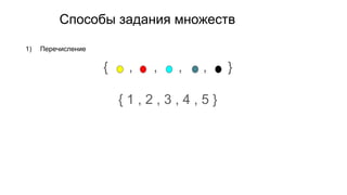 { … , … , … , … , … }
{ 1 , 2 , 3 , 4 , 5 }
Способы задания множеств
1) Перечисление
 
