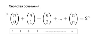 Свойства сочетаний
4)
1 2 3 4 ……………………………. n
 