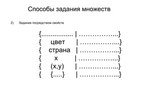 Способы задания множеств
2) Задание посредством свойств
{................. | ……………...}
{ цвет | ……………...}
{ страна | ……………...}
{ x | ……………...}
{ (x,y) | ……………...}
{ {.....} | ……………...}
 