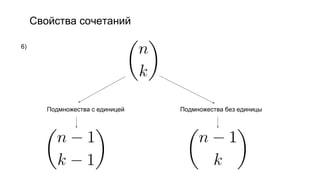 Свойства сочетаний
6)
Подмножества с единицей Подмножества без единицы
 