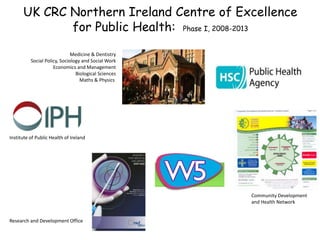 UK CRC Northern Ireland Centre of Excellence
for Public Health: Phase I, 2008-2013
Medicine & Dentistry
Social Policy, Sociology and Social Work
Economics and Management
Biological Sciences
Maths & Physics
Institute of Public Health of Ireland
Research and Development Office
Community Development
and Health Network
 