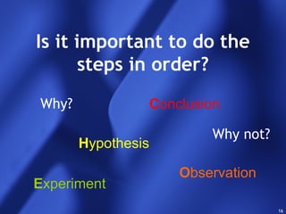 16
Is it important to do the
steps in order?
Why?
Observation
Hypothesis
Experiment
Conclusion
Why not?
 