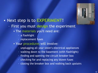 10
• Next step is to EXPERIMENT!
– First you must design the experiment
• The materials you'll need are:
– a flashlight
– replacement fuses
• Your procedures will involve:
– unplugging all your sister's electrical appliances
– walking down to the basement (with flashlight)
– finding and opening the circuit breaker box
– checking for and replacing any blown fuses
– closing the breaker box and walking back upstairs
 