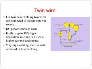 Twin wire
 For twin wire welding two wires
are connected to the same power
source.
 DC power source is used.
 It offers up to 30% higher
deposition rate and can used at
higher currents and speeds.
 Very high welding speeds can be
achieved in fillet welding.
 