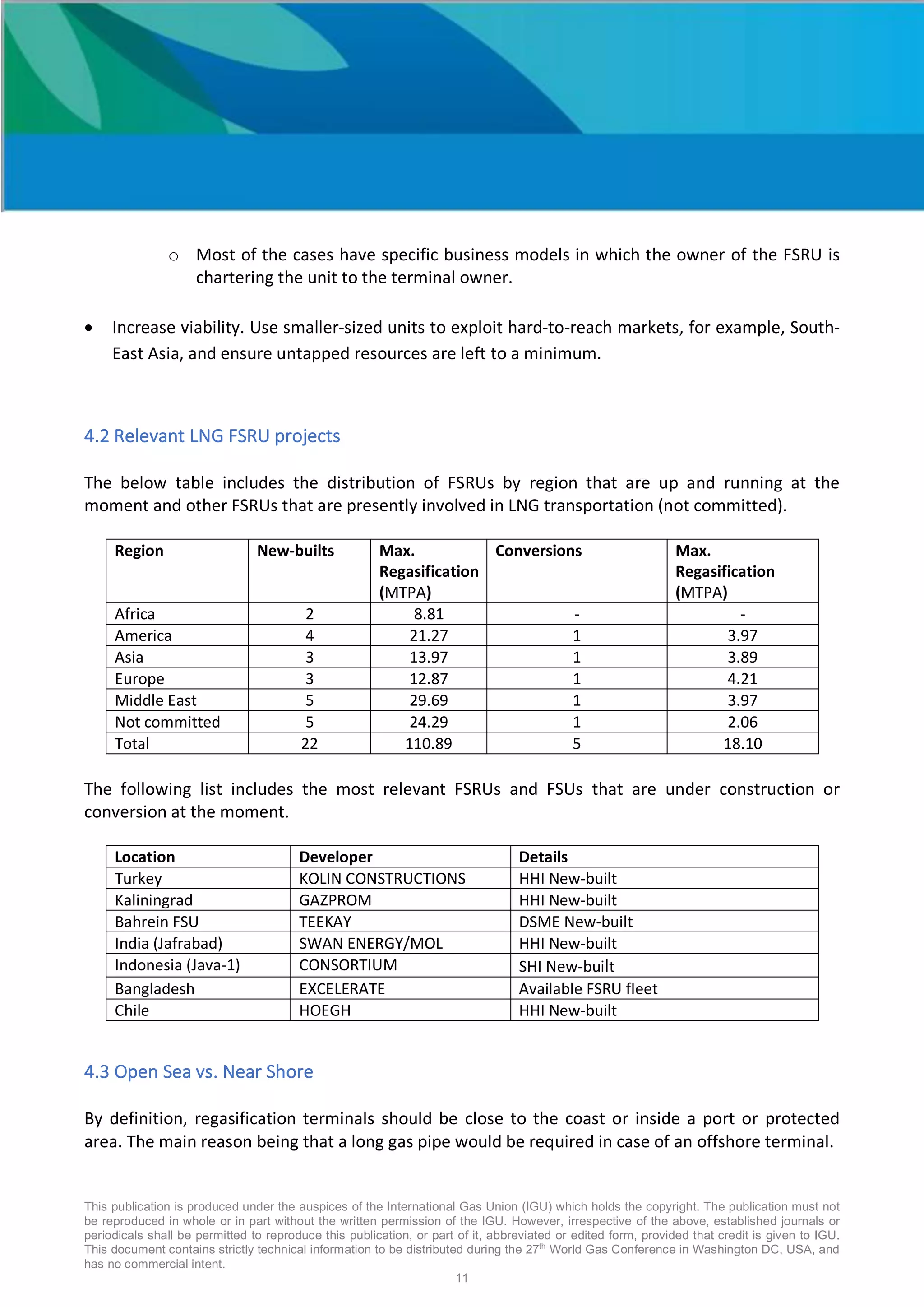 This publication is produced under the auspices of the International Gas Union (IGU) which holds the copyright. The publication must not
be reproduced in whole or in part without the written permission of the IGU. However, irrespective of the above, established journals or
periodicals shall be permitted to reproduce this publication, or part of it, abbreviated or edited form, provided that credit is given to IGU.
This document contains strictly technical information to be distributed during the 27th
World Gas Conference in Washington DC, USA, and
has no commercial intent.
11
o Most of the cases have specific business models in which the owner of the FSRU is
chartering the unit to the terminal owner.
• Increase viability. Use smaller-sized units to exploit hard-to-reach markets, for example, South-
East Asia, and ensure untapped resources are left to a minimum.
4.2 Relevant LNG FSRU projects
The below table includes the distribution of FSRUs by region that are up and running at the
moment and other FSRUs that are presently involved in LNG transportation (not committed).
Region New-builts Max.
Regasification
(MTPA)
Conversions Max.
Regasification
(MTPA)
Africa 2 8.81 - -
America 4 21.27 1 3.97
Asia 3 13.97 1 3.89
Europe 3 12.87 1 4.21
Middle East 5 29.69 1 3.97
Not committed 5 24.29 1 2.06
Total 22 110.89 5 18.10
The following list includes the most relevant FSRUs and FSUs that are under construction or
conversion at the moment.
Location Developer Details
Turkey KOLIN CONSTRUCTIONS HHI New-built
Kaliningrad GAZPROM HHI New-built
Bahrein FSU TEEKAY DSME New-built
India (Jafrabad) SWAN ENERGY/MOL HHI New-built
Indonesia (Java-1) CONSORTIUM SHI New-built
Bangladesh EXCELERATE Available FSRU fleet
Chile HOEGH HHI New-built
4.3 Open Sea vs. Near Shore
By definition, regasification terminals should be close to the coast or inside a port or protected
area. The main reason being that a long gas pipe would be required in case of an offshore terminal.
 