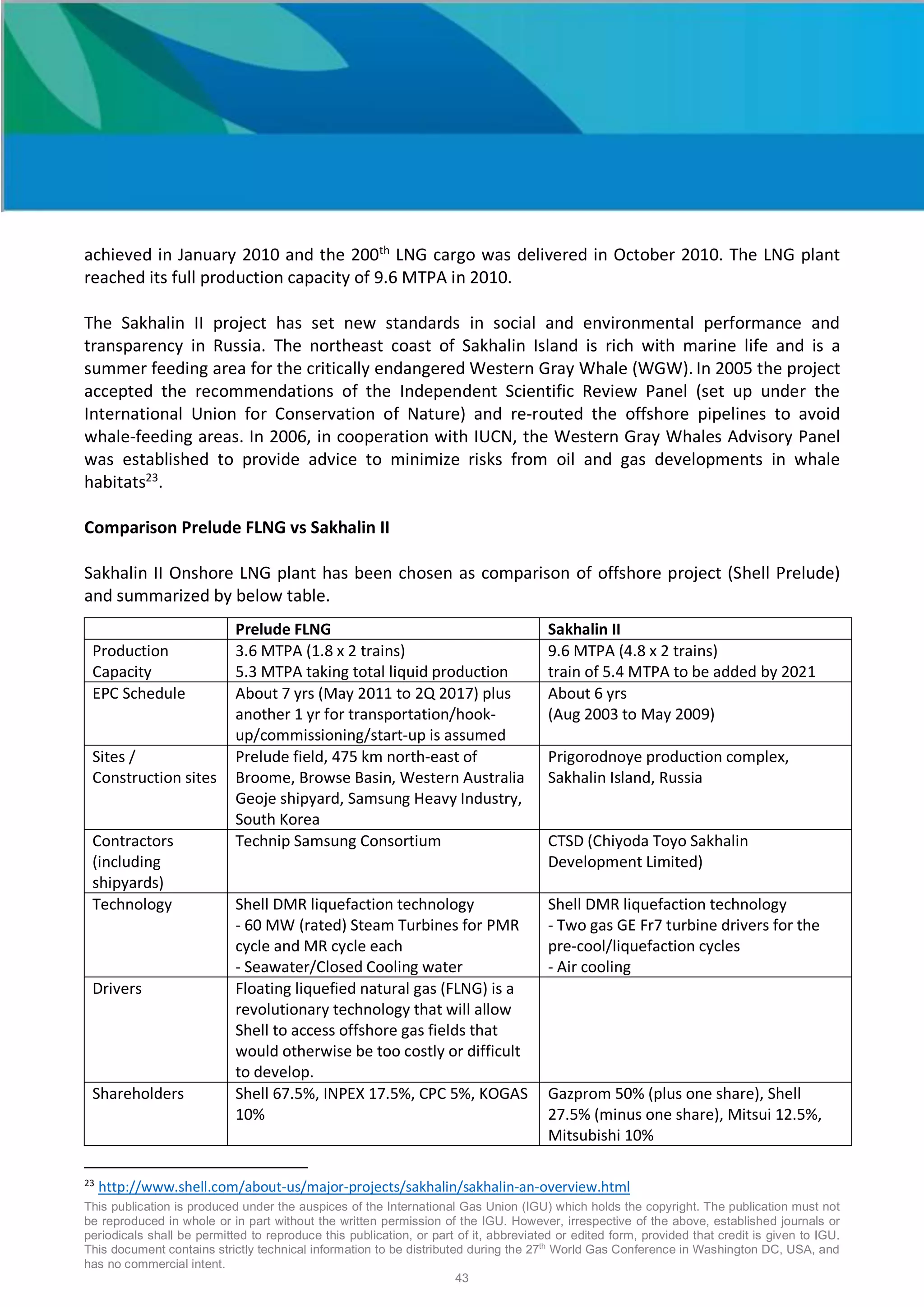 This publication is produced under the auspices of the International Gas Union (IGU) which holds the copyright. The publication must not
be reproduced in whole or in part without the written permission of the IGU. However, irrespective of the above, established journals or
periodicals shall be permitted to reproduce this publication, or part of it, abbreviated or edited form, provided that credit is given to IGU.
This document contains strictly technical information to be distributed during the 27th
World Gas Conference in Washington DC, USA, and
has no commercial intent.
43
achieved in January 2010 and the 200th
LNG cargo was delivered in October 2010. The LNG plant
reached its full production capacity of 9.6 MTPA in 2010.
The Sakhalin II project has set new standards in social and environmental performance and
transparency in Russia. The northeast coast of Sakhalin Island is rich with marine life and is a
summer feeding area for the critically endangered Western Gray Whale (WGW). In 2005 the project
accepted the recommendations of the Independent Scientific Review Panel (set up under the
International Union for Conservation of Nature) and re-routed the offshore pipelines to avoid
whale-feeding areas. In 2006, in cooperation with IUCN, the Western Gray Whales Advisory Panel
was established to provide advice to minimize risks from oil and gas developments in whale
habitats23
.
Comparison Prelude FLNG vs Sakhalin II
Sakhalin II Onshore LNG plant has been chosen as comparison of offshore project (Shell Prelude)
and summarized by below table.
Prelude FLNG Sakhalin II
Production
Capacity
3.6 MTPA (1.8 x 2 trains)
5.3 MTPA taking total liquid production
9.6 MTPA (4.8 x 2 trains)
train of 5.4 MTPA to be added by 2021
EPC Schedule About 7 yrs (May 2011 to 2Q 2017) plus
another 1 yr for transportation/hook-
up/commissioning/start-up is assumed
About 6 yrs
(Aug 2003 to May 2009)
Sites /
Construction sites
Prelude field, 475 km north-east of
Broome, Browse Basin, Western Australia
Geoje shipyard, Samsung Heavy Industry,
South Korea
Prigorodnoye production complex,
Sakhalin Island, Russia
Contractors
(including
shipyards)
Technip Samsung Consortium CTSD (Chiyoda Toyo Sakhalin
Development Limited)
Technology Shell DMR liquefaction technology
- 60 MW (rated) Steam Turbines for PMR
cycle and MR cycle each
- Seawater/Closed Cooling water
Shell DMR liquefaction technology
- Two gas GE Fr7 turbine drivers for the
pre-cool/liquefaction cycles
- Air cooling
Drivers Floating liquefied natural gas (FLNG) is a
revolutionary technology that will allow
Shell to access offshore gas fields that
would otherwise be too costly or difficult
to develop.
Shareholders Shell 67.5%, INPEX 17.5%, CPC 5%, KOGAS
10%
Gazprom 50% (plus one share), Shell
27.5% (minus one share), Mitsui 12.5%,
Mitsubishi 10%
23
http://www.shell.com/about-us/major-projects/sakhalin/sakhalin-an-overview.html
 