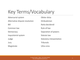 Key Terms/Vocabulary
Adversarial system
Alternative dispute resolution
Bill
Common law
Democracy
Inquisitorial system
Judge
Jury
Magistrate
Obiter dicta
Ombudsman
Ratio decidendi
Rule of law
Separation of powers
Statute law
Statutory interpretation
Tribunals
Ultra vires
11 LEGAL STUDIES - TERM 1: THE LEGAL SYSTEM
PAUL.WHITE@GROVES.QLD.EDU.AU
4
 