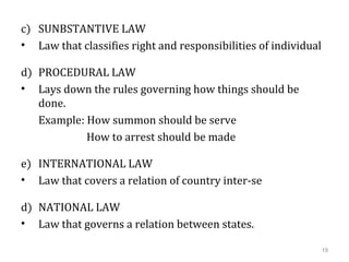 c) SUNBSTANTIVE LAW
• Law that classifies right and responsibilities of individual
d) PROCEDURAL LAW
• Lays down the rules governing how things should be
done.
Example: How summon should be serve
How to arrest should be made
e) INTERNATIONAL LAW
• Law that covers a relation of country inter-se
d) NATIONAL LAW
• Law that governs a relation between states.
19
 