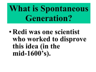 Redi was one scientist who worked to disprove this idea (in the mid-1600’s). What is Spontaneous Generation? 