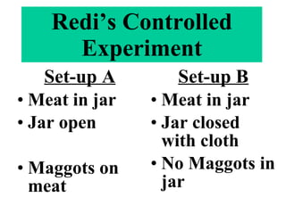 Redi’s Controlled Experiment Set-up A Meat in jar Jar open Maggots on meat Set-up B Meat in jar Jar closed with cloth No Maggots in jar 