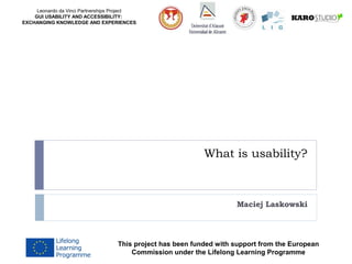 Leonardo da Vinci Partnerships Project
GUI USABILITY AND ACCESSIBILITY:
EXCHANGING KNOWLEDGE AND EXPERIENCES

What is usability?

Maciej Laskowski

This project has been funded with support from the European
Commission under the Lifelong Learning Programme

 