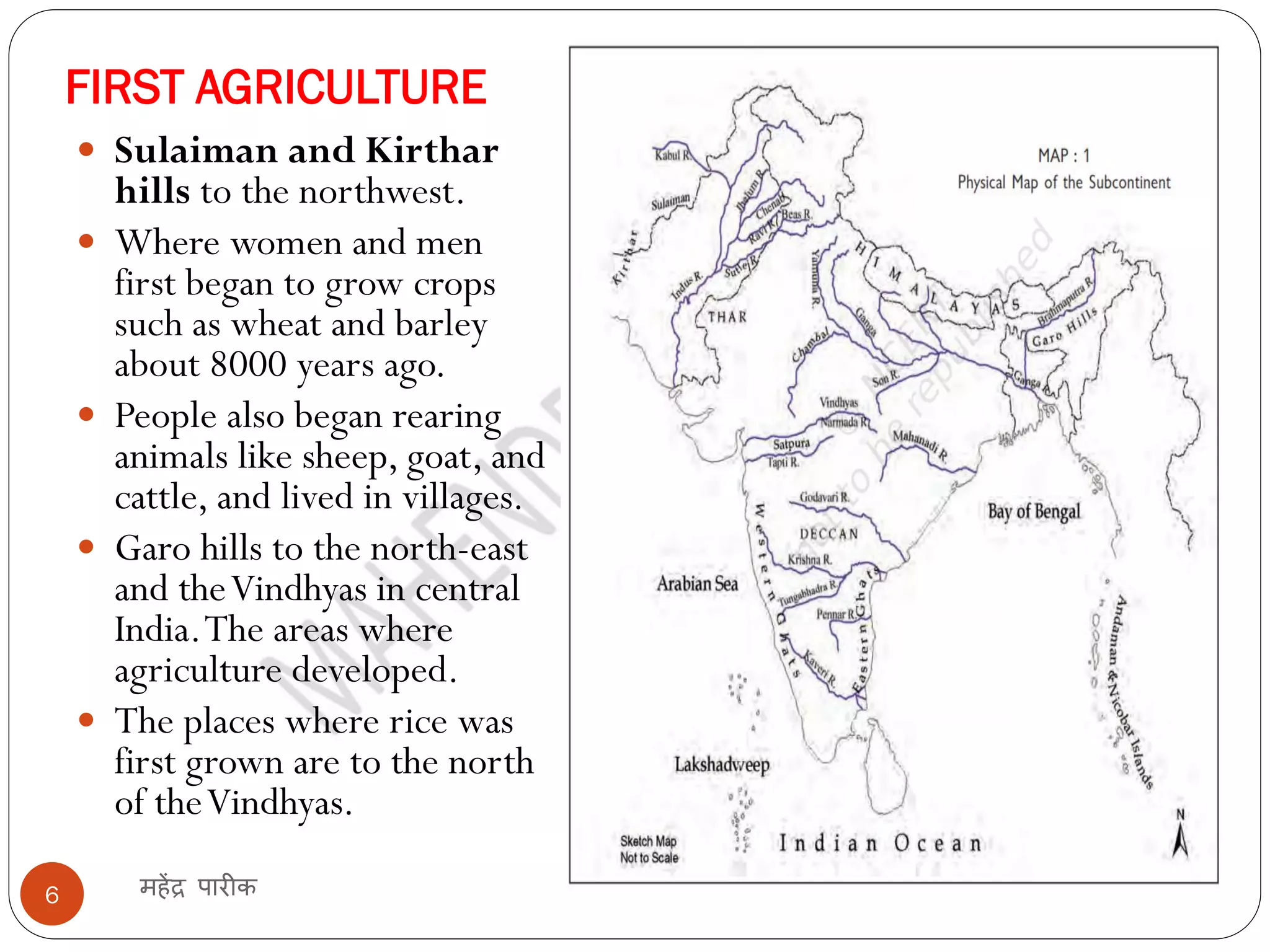 FIRST AGRICULTURE
महेंद्र पारीक
6
 Sulaiman and Kirthar
hills to the northwest.
 Where women and men
first began to grow crops
such as wheat and barley
about 8000 years ago.
 People also began rearing
animals like sheep, goat, and
cattle, and lived in villages.
 Garo hills to the north-east
and theVindhyas in central
India.The areas where
agriculture developed.
 The places where rice was
first grown are to the north
of theVindhyas.
 