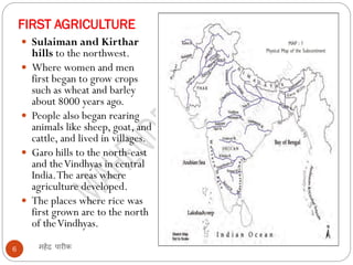 FIRST AGRICULTURE
महेंद्र पारीक
6
 Sulaiman and Kirthar
hills to the northwest.
 Where women and men
first began to grow crops
such as wheat and barley
about 8000 years ago.
 People also began rearing
animals like sheep, goat, and
cattle, and lived in villages.
 Garo hills to the north-east
and theVindhyas in central
India.The areas where
agriculture developed.
 The places where rice was
first grown are to the north
of theVindhyas.
 