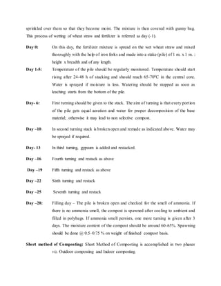 sprinkled over them so that they become moist. The mixture is then covered with gunny bag.
This process of wetting of wheat straw and fertilizer is referred as day (-1).
Day 0: On this day, the fertilizer mixture is spread on the wet wheat straw and mixed
thoroughly with the help of iron forks and made into a stake (pile) of 1 m. x 1 m. :
height x breadth and of any length.
Day 1-5: Temperature of the pile should be regularly monitored. Temperature should start
rising after 24-48 h of stacking and should reach 65-700C in the central core.
Water is sprayed if moisture is less. Watering should be stopped as soon as
leaching starts from the bottom of the pile.
Day- 6: First turning should be given to the stack. The aim of turning is that every portion
of the pile gets equal aeration and water for proper decomposition of the base
material; otherwise it may lead to non selective compost.
Day –10 In second turning stack is broken open and remade as indicated above. Water may
be sprayed if required.
Day- 13 In third turning, gypsum is added and restacked.
Day –16 Fourth turning and restack as above
Day –19 Fifth turning and restack as above
Day –22 Sixth turning and restack
Day –25 Seventh turning and restack
Day –28: Filling day – The pile is broken open and checked for the smell of ammonia. If
there is no ammonia smell, the compost is spawned after cooling to ambient and
filled in polybags. If ammonia smell persists, one more turning is given after 3
days. The moisture content of the compost should be around 60-65%. Spawning
should be done @ 0.5–0.75 % on weight of finished compost basis.
Short method of Composting: Short Method of Composting is accomplished in two phases
viz. Outdoor composting and Indoor composting.
 