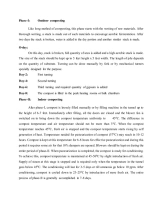 Phase-I: Outdoor composting
Like long method of composting, this phase starts with the wetting of raw materials. After
thorough wetting, a stack is made out of such materials to encourage aerobic fermentation. After
two days the stack is broken, water is added to the dry portion and another similar stack is made.
O-day:
On this day, stack is broken, full quantity of urea is added and a high aerobic stack is made.
The size of the stack should be kept up to 5 feet height x 5 feet width. The length of pile depends
on the quantity of substrate. Turning can be done manually by fork or by mechanical turners
specially designed for the purpose.
Day-2: First turning
Day-4: Second turning
Day-6: Third turning and required quantity of gypsum is added
Day-8: The compost is filled in the peak heating rooms or bulk chambers
Phase-II: Indoor composting
After phase-I, compost is loosely filled manually or by filling machine in the tunnel up to
the height of 6-7 feet. Immediately after filling, all the doors are closed and the blower fan is
switched on to bring down the compost temperature uniformly to 450C. The difference in
compost temperature and air temperature should not be more than 30C. When the compost
temperature reaches 450C, fresh air is stopped and the compost temperature starts rising by self
generation of heat. Temperature needed for pasteurization of compost (570C) may reach in 10-12
hours. Compost is kept at this temperature for 6-8 hours for effective pasteurization and during this
period it requires some air for that 10% dampers are opened. Blowers should be kept on during the
entire period of phase-II. When pasteurization is completed, the compost is ready for conditioning.
To achieve this, compost temperature is maintained at 45-500C by slight introduction of fresh air.
Supply of steam at this stage is stopped and is required only when the temperature in the tunnel
goes below 450C. The conditioning will last for 3-5 days or till ammonia go below 10 ppm. After
conditioning, compost is cooled down to 23-250C by introduction of more fresh air. The entire
process of phase-II is generally accomplished in 7-8 days.
 