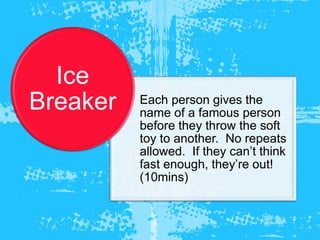 Each person gives the 
name of a famous person 
before they throw the soft 
toy to another. No repeats 
allowed. If they can’t think 
fast enough, they’re out! 
(10mins) 
Ice 
Breaker 
 