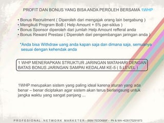 PROFIT DAN BONUS YANG BISA ANDA PEROLEH BERSAMA 1WHP 
• Bonus Recruitment ( Diperoleh dari mengajak orang lain bergabung ) 
• Mengikuti Program BoB ( Help Amount + 5% per-siklus ) 
• Bonus Sponsor diperoleh dari jumlah Help Amount refferal anda 
• Bonus Reward Prestasi ( Diperoleh dari pengembangan jaringan anda ) 
*Anda bisa Withdraw uang anda kapan saja dan dimana saja, semuanya 
sesuai dengan kehendak anda 
1 WHP MENERAPKAN STRUKTUR JARINGAN MATAHARI DENGAN 
BATAS BONUS JARINGAN SAMPAI KEDALAM KE-5 ( 5 LEVEL ) 
1WHP merupakan sistem yang paling ideal karena aturan yang ada 
benar – benar diciptakan agar sistem akan terus berlangsung untuk 
jangka waktu yang sangat panjang ... 
P R O F E S I O N A L N E T W O R K M A R K E T E R – BBM 7EDD689F - Ph & WA +628170291973 
 
