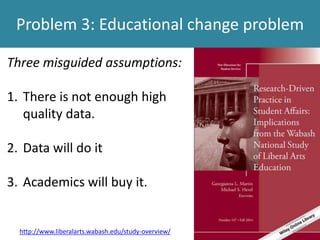 Problem 3: Educational change problem
Three misguided assumptions:
1. There is not enough high
quality data.
2. Data will do it
3. Academics will buy it.
http://www.liberalarts.wabash.edu/study-overview/
 