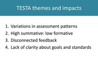 TESTA themes and impacts
1. Variations in assessment patterns
2. High summative: low formative
3. Disconnected feedback
4. Lack of clarity about goals and standards
 